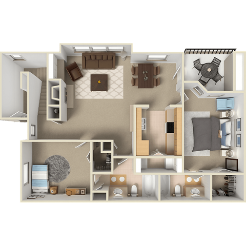Floor plan for 2 beds, 2 baths, 989 sqft